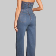 The Dazzling Denim Collection - Bustier Cut Strapless Rhinestone Embellished Denim Jumpsuit (Medium Dark Blue)