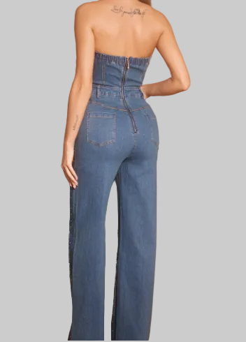 The Dazzling Denim Collection - Bustier Cut Strapless Rhinestone Embellished Denim Jumpsuit (Medium Dark Blue)