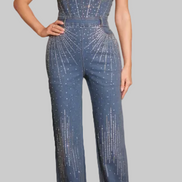 The Dazzling Denim Collection - Bustier Cut Strapless Rhinestone Embellished Denim Jumpsuit (Medium Dark Blue)