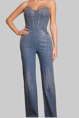 The Dazzling Denim Collection - Bustier Cut Strapless Rhinestone Embellished Denim Jumpsuit (Medium Dark Blue)