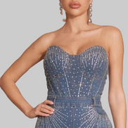 The Dazzling Denim Collection - Bustier Cut Strapless Rhinestone Embellished Denim Jumpsuit (Medium Dark Blue)