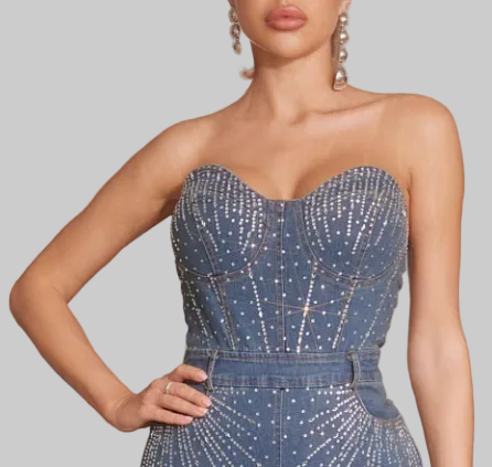 The Dazzling Denim Collection - Bustier Cut Strapless Rhinestone Embellished Denim Jumpsuit (Medium Dark Blue)