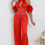 Showgirl - Rhinestone Embellished Satin Halter Jumpsuit With Feather Sleeves