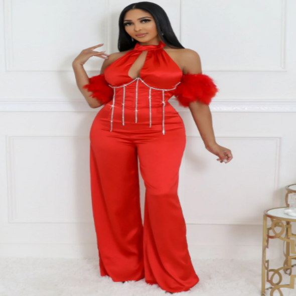 Showgirl - Rhinestone Embellished Satin Halter Jumpsuit With Feather Sleeves