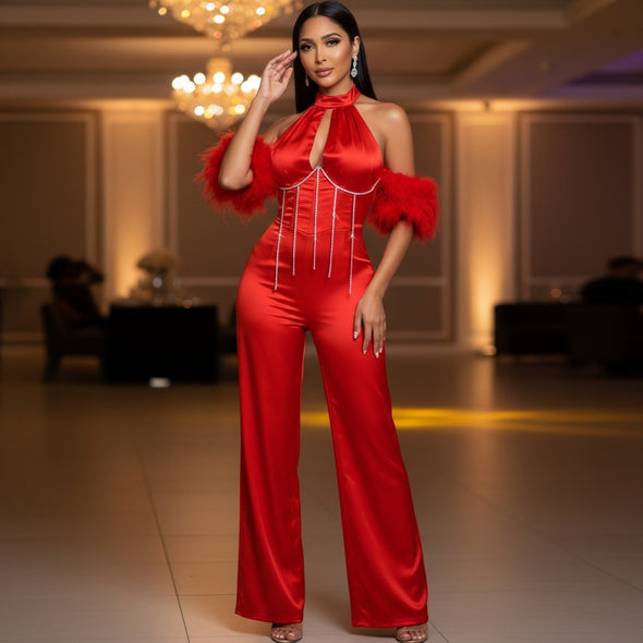Showgirl - Rhinestone Embellished Satin Halter Jumpsuit With Feather Sleeves