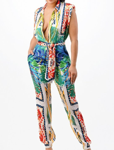 "Somewhere In Paradise" - Belted Tropical Print Jumpsuit