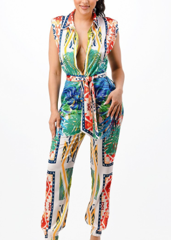 "Somewhere In Paradise" - Belted Tropical Print Jumpsuit