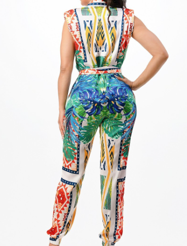 "Somewhere In Paradise" - Belted Tropical Print Jumpsuit