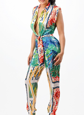 "Somewhere In Paradise" - Belted Tropical Print Jumpsuit