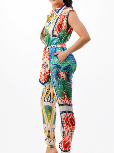 "Somewhere In Paradise" - Belted Tropical Print Jumpsuit