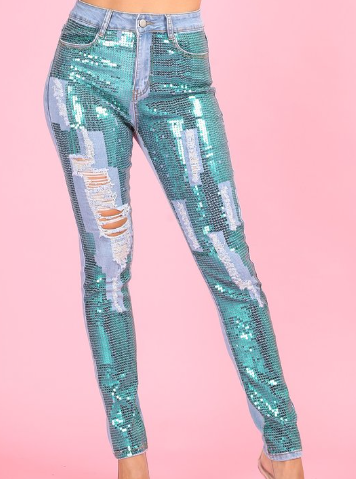 The "Dazzling Denim" Collection - Sequin Distressed Denim Jeans