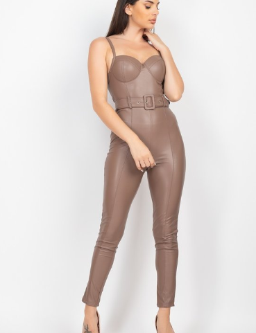 Vegan Leather Skinny Belted Jumpsuit