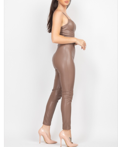 Vegan Leather Skinny Belted Jumpsuit