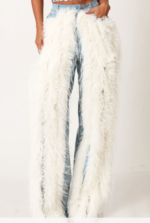 "Let It Snow" - White Faux Fur Jeans (Pre-Order Item) (Ships 1/14/26)