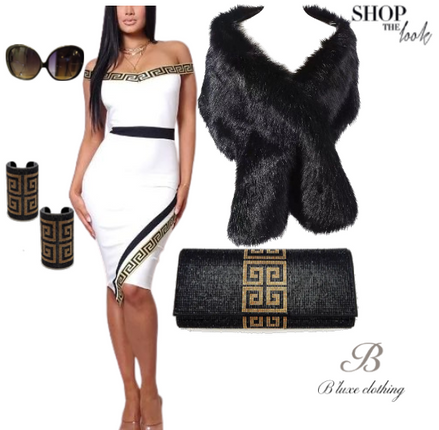 ¡Compra el look! - Vestido midi con hombros descubiertos, ribete geométrico y accesorios