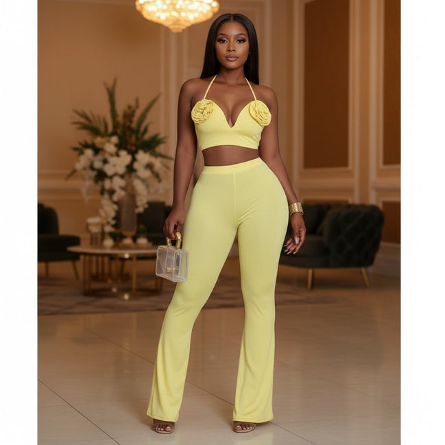 In Bloom - Floral Embellished Halter Top & Pant Set