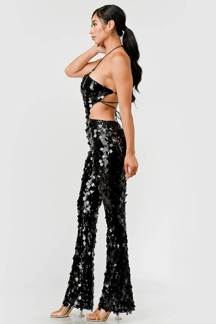 "El Mono Negro Pequeño": Mono con Lentejuelas Grandes y Escote Halter