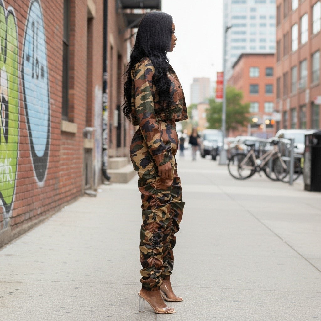 Conjunto de chaqueta bomber corta de camuflaje y pantalón fruncido