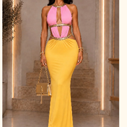 Color Block Maxi Dress With Gold Trim