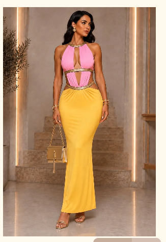 Color Block Maxi Dress With Gold Trim