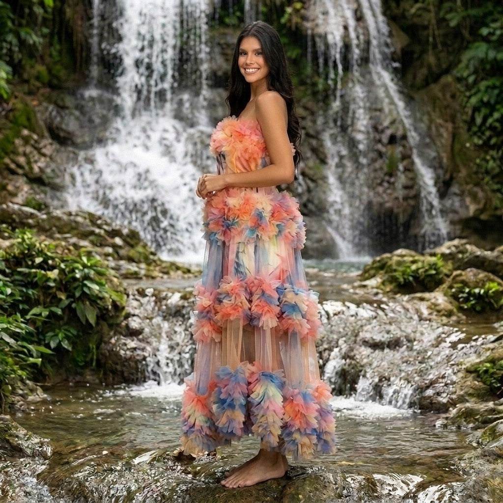 Tropical Bliss - 3D Floral Embellished Tulle Maxi Dress