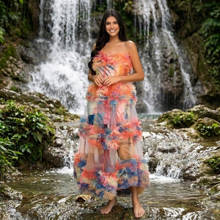 Tropical Bliss - 3D Floral Embellished Tulle Maxi Dress