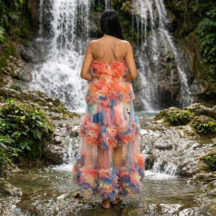 Tropical Bliss - 3D Floral Embellished Tulle Maxi Dress