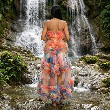 Tropical Bliss - 3D Floral Embellished Tulle Maxi Dress