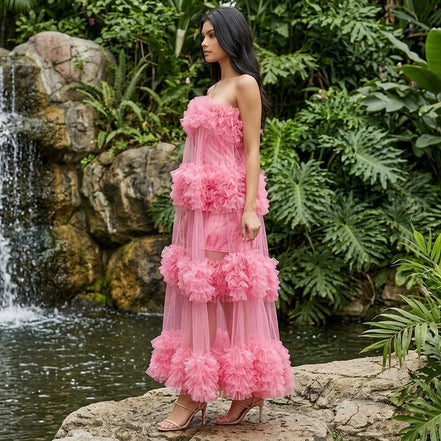 Tropical Bliss - 3D Floral Embellished Tulle Maxi Dress