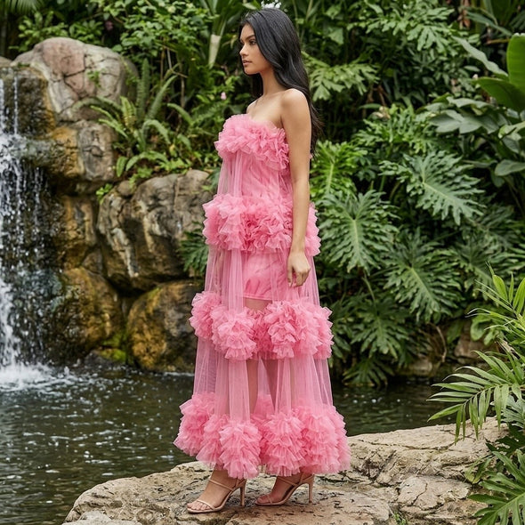 Tropical Bliss - 3D Floral Embellished Tulle Maxi Dress