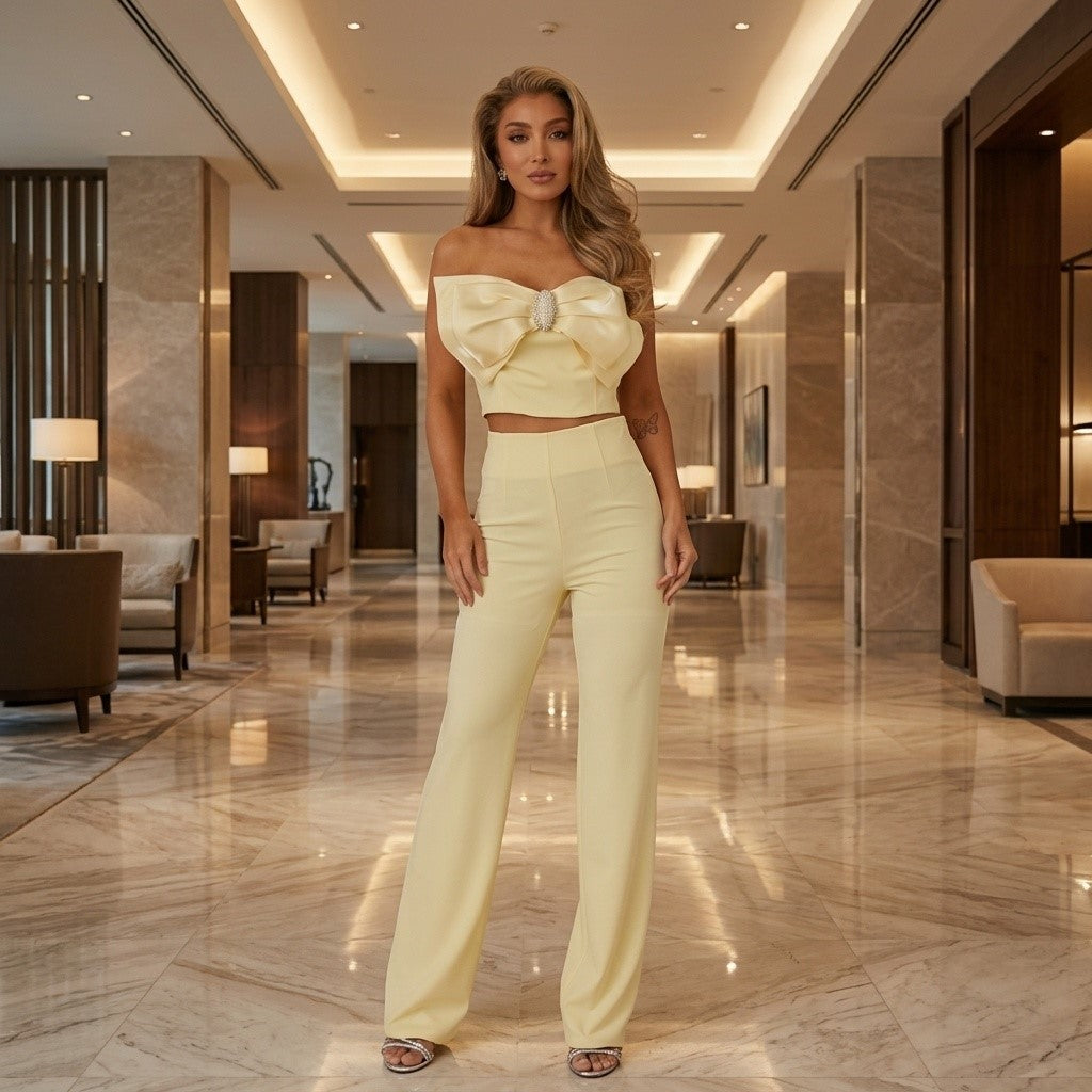 The Sunshine Collection - Rhinestone Embellished Bow Top And Pant Set