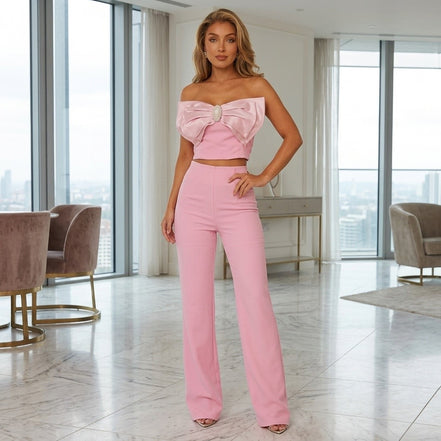 The Sunshine Collection - Rhinestone Embellished Bow Top And Pant Set