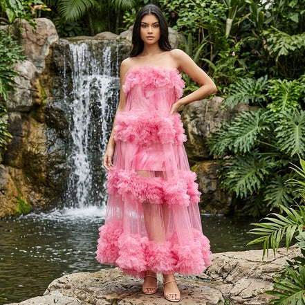 Tropical Bliss - 3D Floral Embellished Tulle Maxi Dress