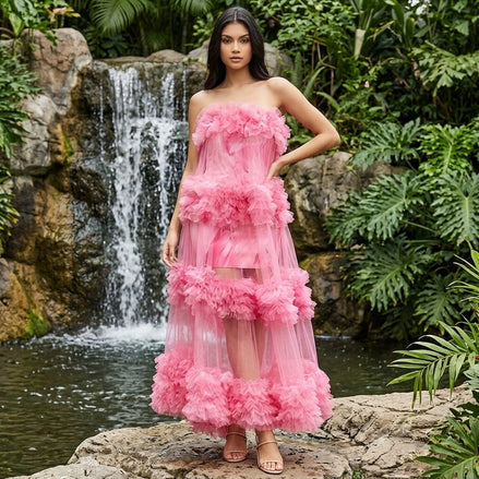 Tropical Bliss - 3D Floral Embellished Tulle Maxi Dress