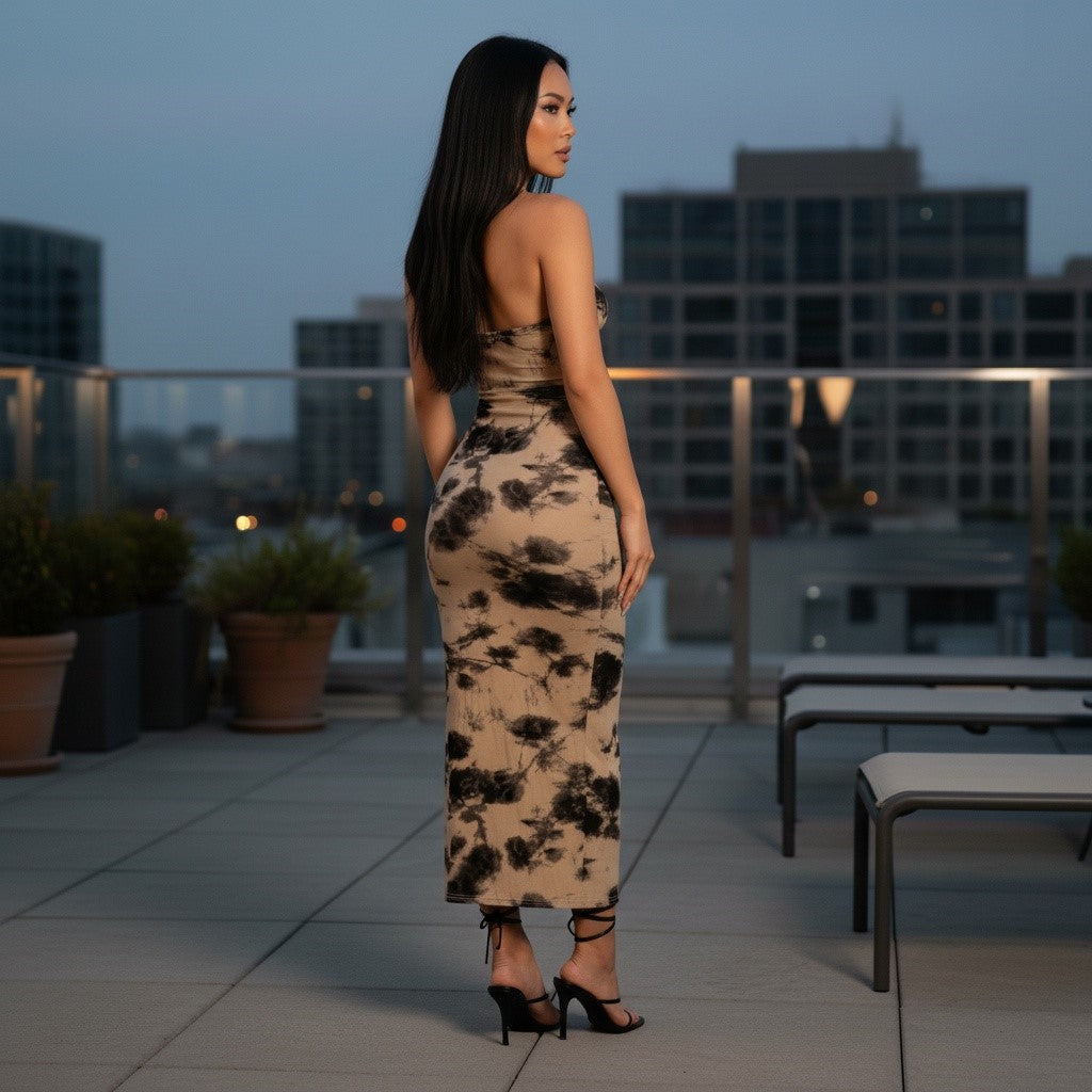 In Bloom - Floral Print Side Slit Halter Midi Dress