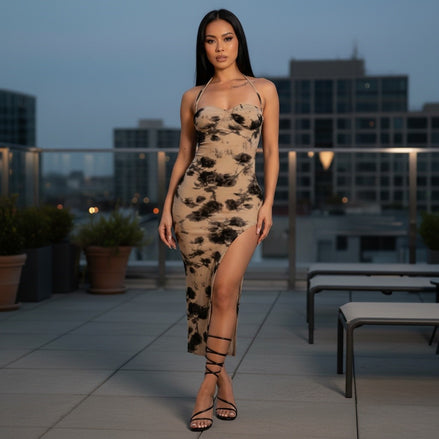 In Bloom - Floral Print Side Slit Halter Midi Dress