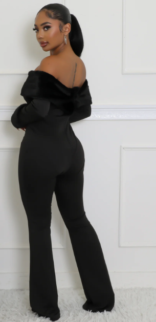 Let It Snow - Off Shoulder Faux Fur Embellished Jumpsuit