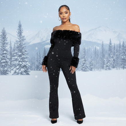 Let It Snow - Off Shoulder Faux Fur Embellished Jumpsuit