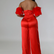 Showgirl - Rhinestone Embellished Satin Halter Jumpsuit With Feather Sleeves