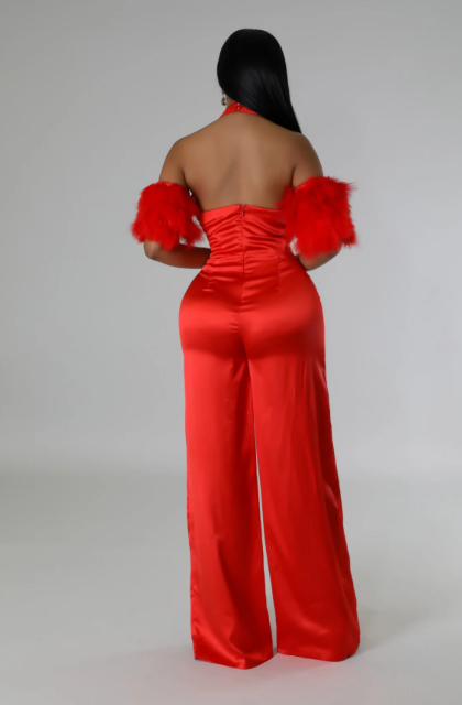 Showgirl - Rhinestone Embellished Satin Halter Jumpsuit With Feather Sleeves