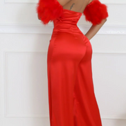 Showgirl - Rhinestone Embellished Satin Halter Jumpsuit With Feather Sleeves