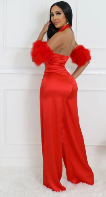 Showgirl - Rhinestone Embellished Satin Halter Jumpsuit With Feather Sleeves