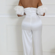 Showgirl - Rhinestone Embellished Satin Halter Jumpsuit With Feather Sleeves