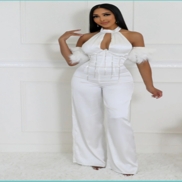 Showgirl - Rhinestone Embellished Satin Halter Jumpsuit With Feather Sleeves