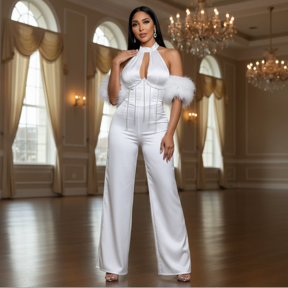 Showgirl - Rhinestone Embellished Satin Halter Jumpsuit With Feather Sleeves