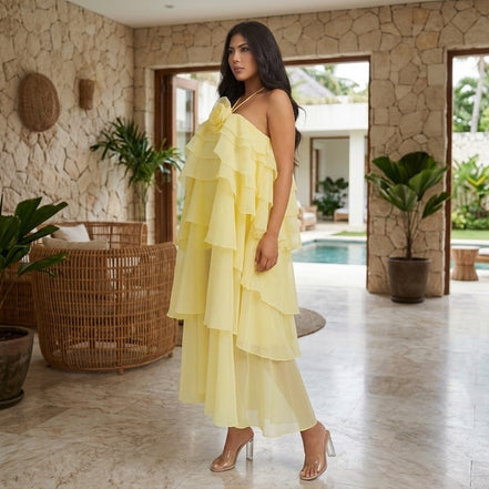 Sunshine - Chiffon Petal Cascade Halter Dress